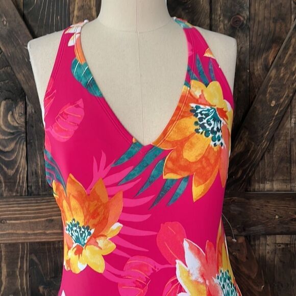 Kona Sol Women's Plus Size Strappy Back One Piece Swimsuit (Pink Floral) - Picture 4 of 15